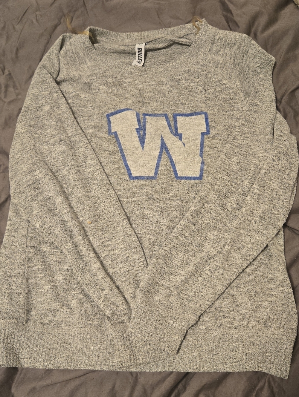 Gray Crewneck Sweater with Blue 'W' Logo
